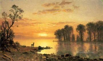  Bierstadt Lienzo - Atardecer Ciervos y Río Albert Bierstadt Paisaje